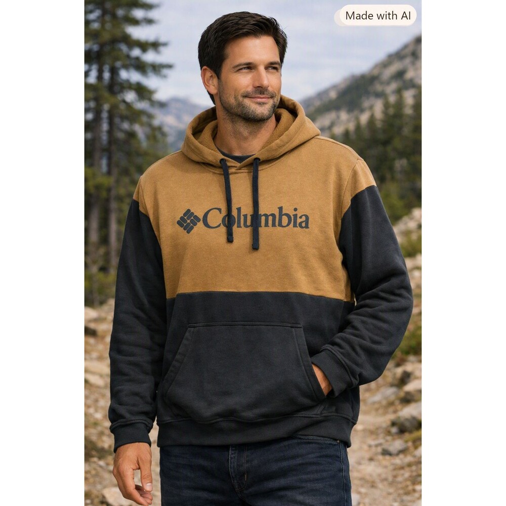 Columbia Mens Large Brown Black Logo Hoodie Pullover Sweatshirt Fleece Casual